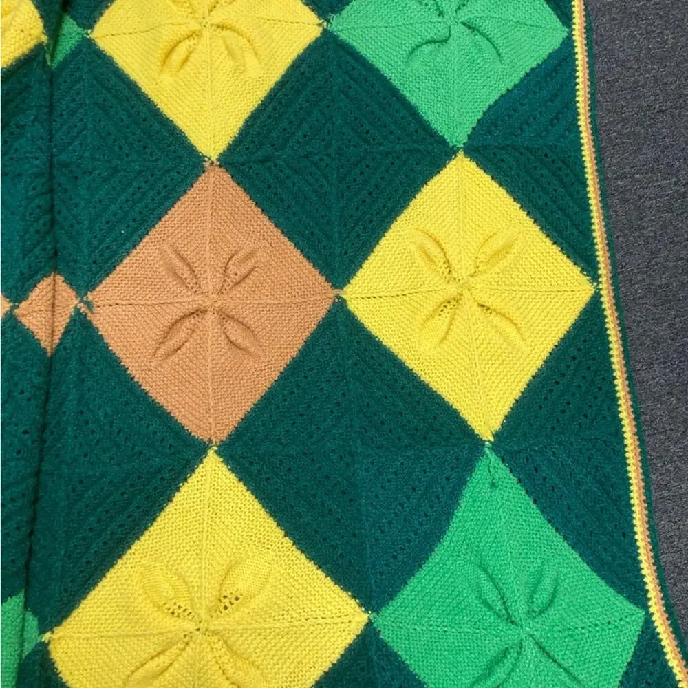 Hand Knit Afghan Granny Squares Green Yellow Brown